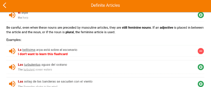 This is a screenshot of a MosaLingua grammar lesson. MosaLingua allows you to add words and phrases from the lessons to your flashcard lists. This is really convenient for practicing difficult concepts!