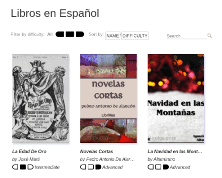 A screenshot of the MosaLingua reading section. MosaLingua has a selection of books to learn a language, as well as audiobooks.