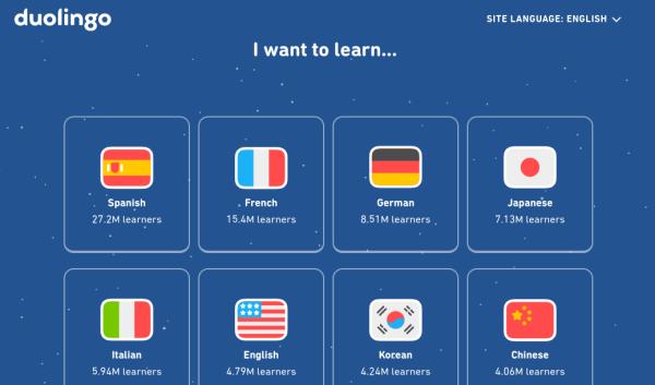 This is a screenshot of the Duolingo app. It shows the Duolingo languages that are available for English speakers.