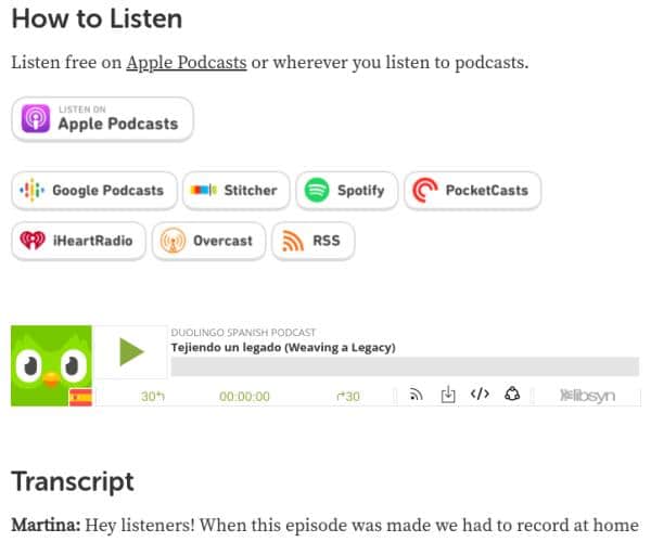 Duolingo Podcasts are available on a lot of different platforms. This shows the Duolingo Spanish podcast.