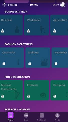 This screenshot shows the different topics you can study with the Drops language learning app.
