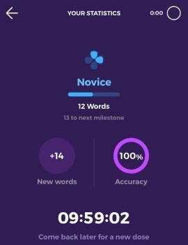 This screenshot shows the news words I learned with the Drops language learning app. It shows the number of words, how accurately I learned them, and how much time I need to wait until I use the Drops language app again.