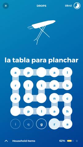 For this Drops language app review, I wanted to include a lot of screenshots that show the app. This screenshot shows a lot of different letters, and you need to drag your fingers to correctly spell the word.