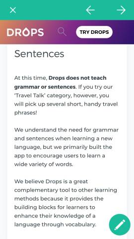 This shows an explanation screen in the Drops language app. When you're learning a language with Drops, you only learn vocabulary. You do not learn grammar or other aspects of your target language.