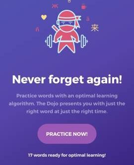 This is a screenshot of the Drops Tough Word Dojo. There is a ninja lifting weights. This app feature helps you focus on difficult words while you're learning a language with Drops.