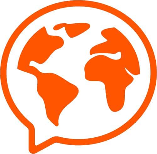 An orange speech bubble with a world map inside of it. This is the Mondly languages app logo.