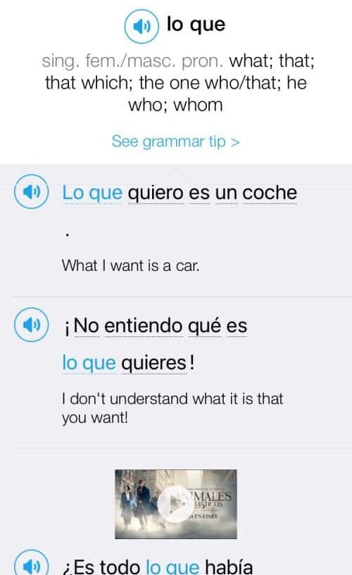A screenshot of how FluentU helps you review vocabulary and grammar within context