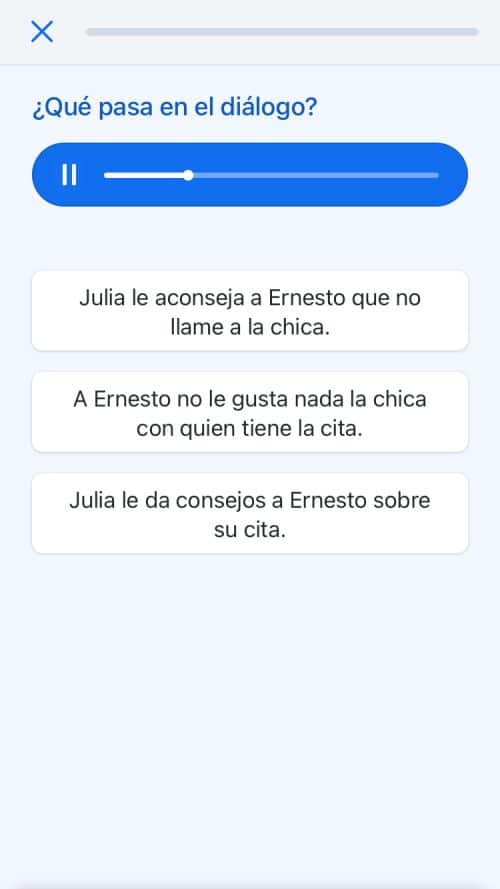 A conversation exercise in the Busuu language app