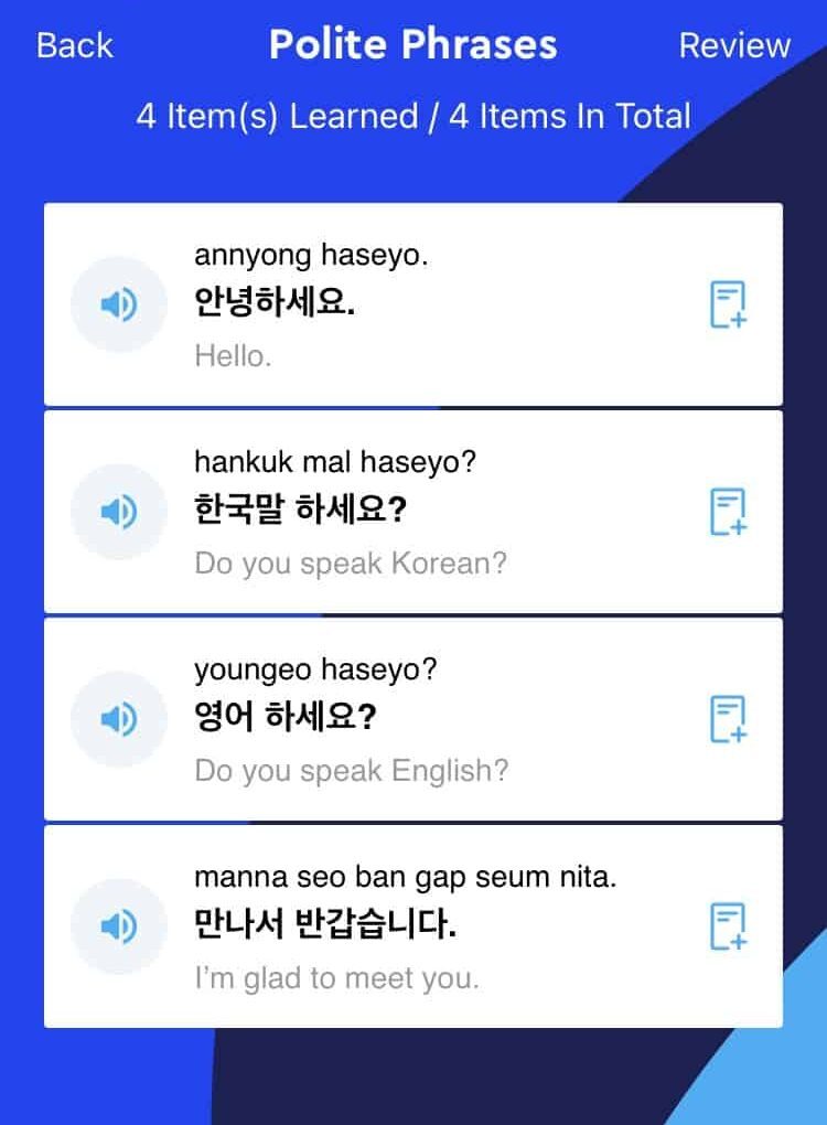 Pimsleur Korean Review Screenshot