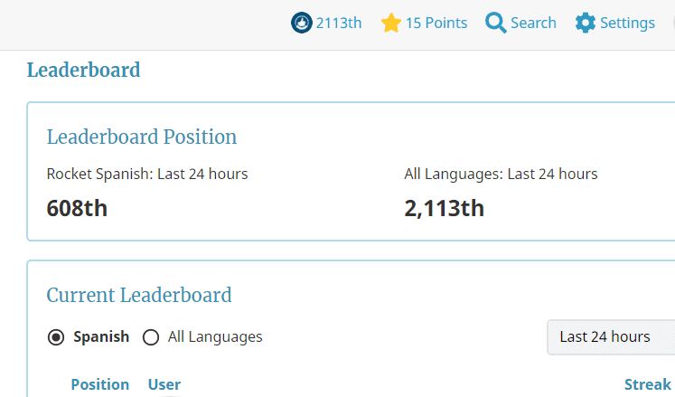 Rocket Languages Leaderboard Screenshot