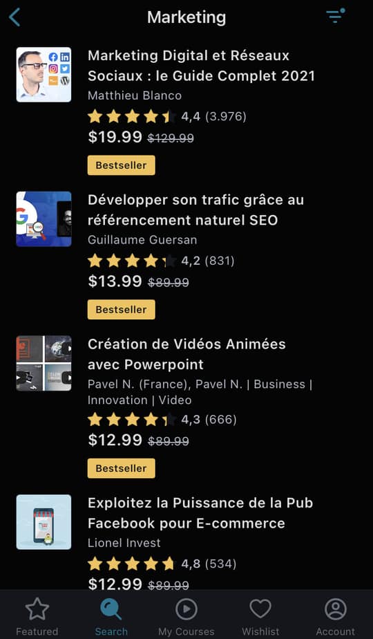 Udemy French courses list