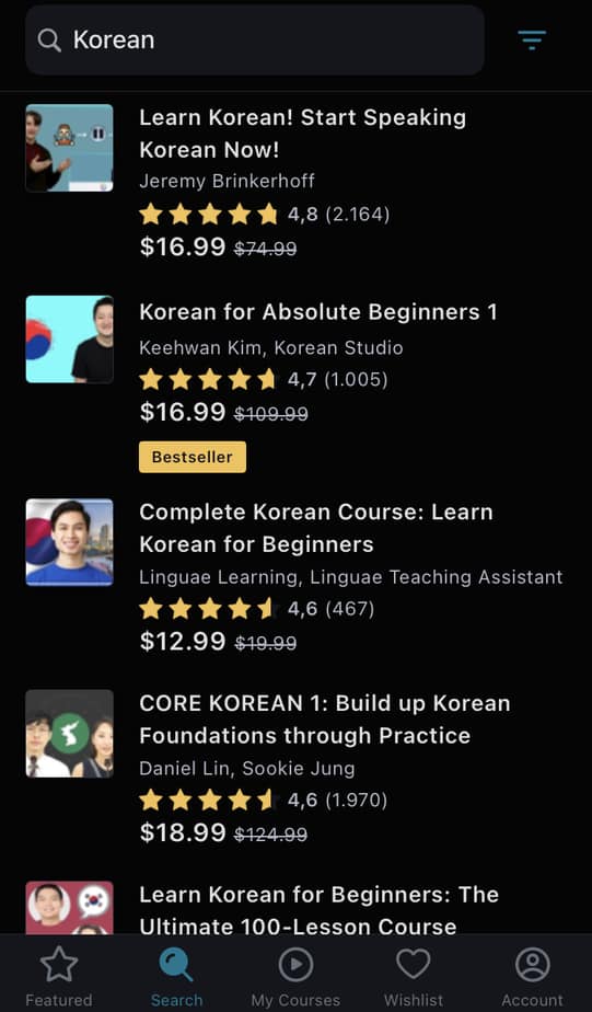 Udemy Korean courses list