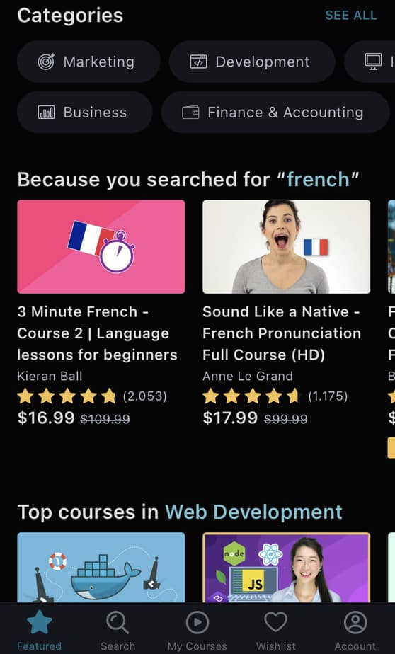 Udemy app screenshot