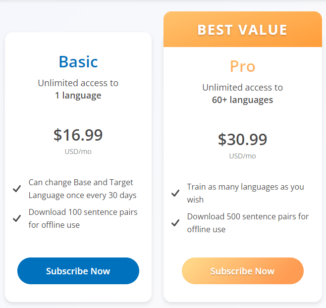 Glossika pricing options