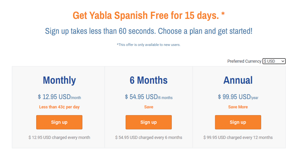 Yabla price and cost table