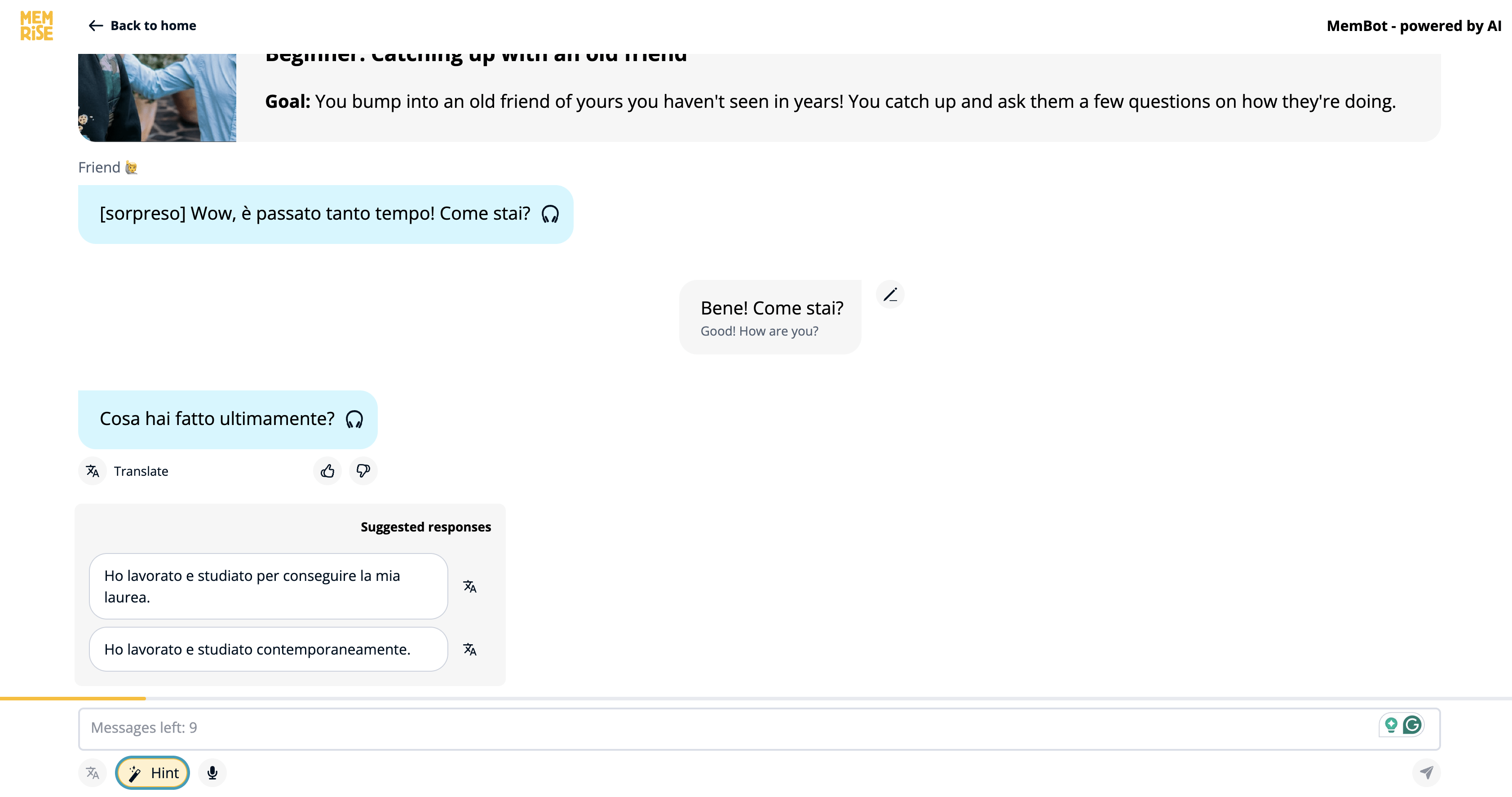 This is a screenshot of an Italian conversation with Memrise's chatbot.