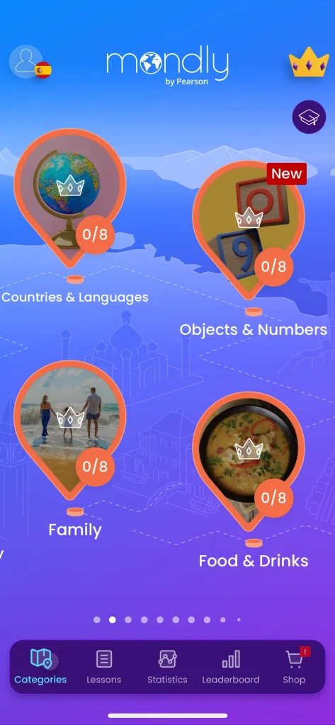 This is the Mondly Spanish course menu where you can find different topic categories like countries and languages, objects and numbers, family, and foods and drinks. You can also click the options below to see other features.