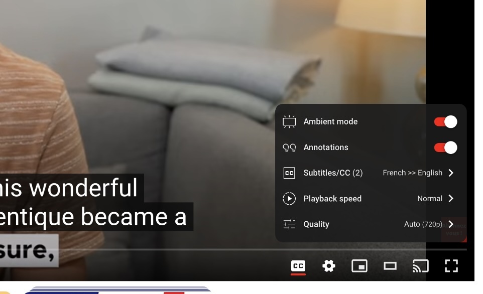 This image shows how to activate the French captions or English subtitles in YouTube videos.