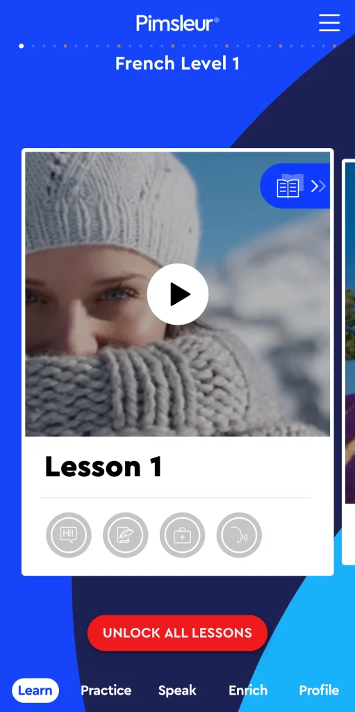 This screenshot shows the Pimsleur French course menu.