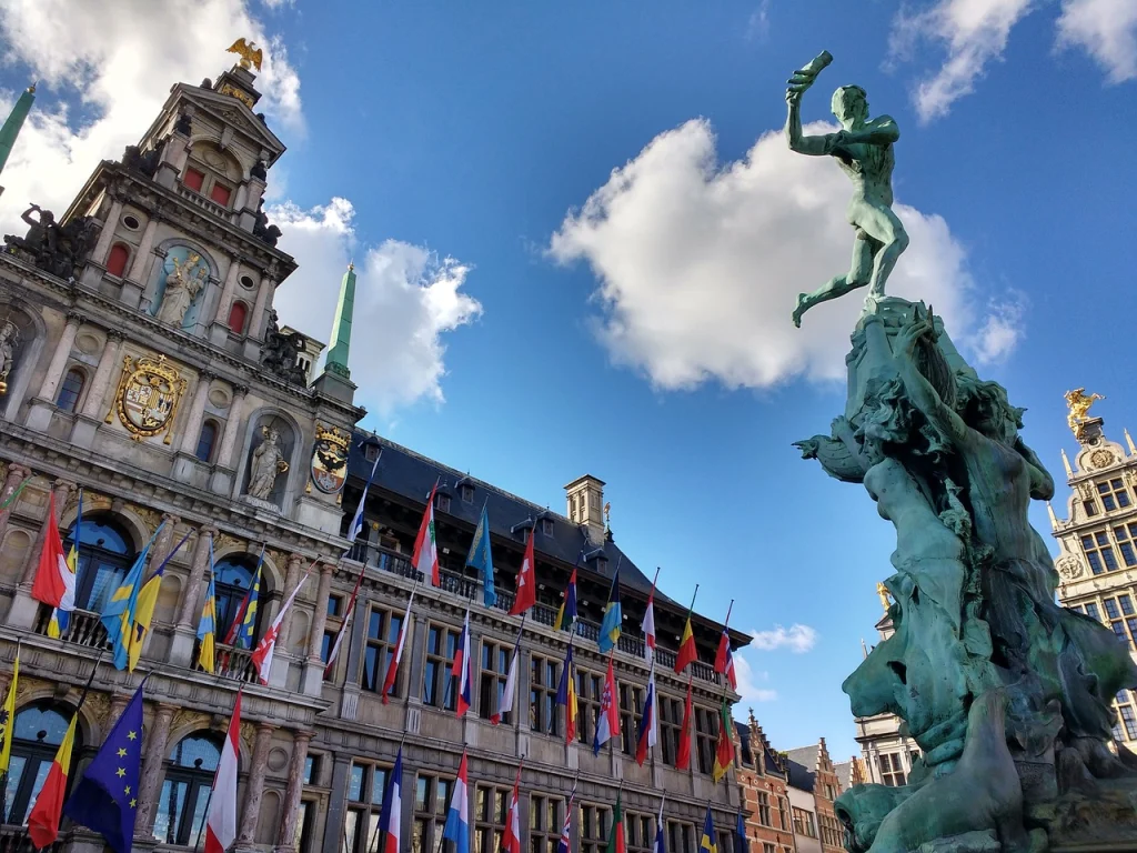 This image shows the front of the Antwerp City Hall in Antwerp, Belgium.